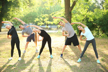 Group of sporty people training in park