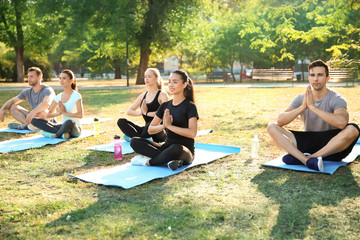 Group of sporty people practicing yoga in park