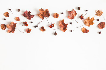 Autumn composition. Pattern made of dried leaves on white background. Autumn, fall concept. Flat...