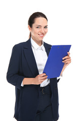 Beautiful businesswoman with clipboard on white background