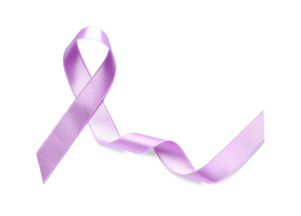 Purple satin ribbon on white background. Cancer awareness concept
