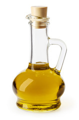 Olive oil in glass bottle isolated on white background with clipping path