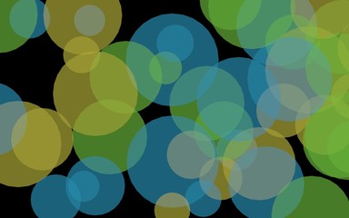 Multicolored translucent circles on a dark background. Green tones. 3D illustration