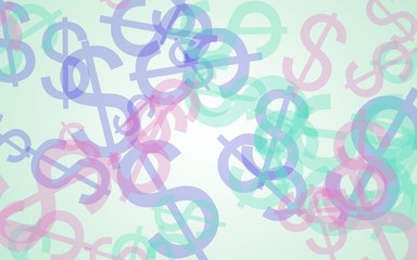 Multicolored translucent dollar signs on white background. Green tones. 3D illustration