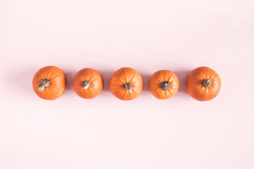 Autumn composition. Pumpkins on pastel pink background. Autumn, fall, halloween concept. Flat lay, top view