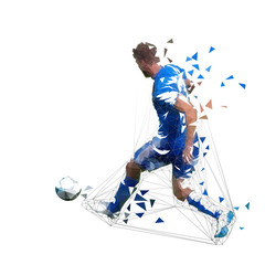 Naklejka premium Football player in blue jersey pasing ball, abstract low poly vector drawing. Soccer player kicking ball. Isolated geometric colorful illustration, rear view