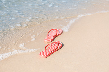 Bright flip-flops on sea beach