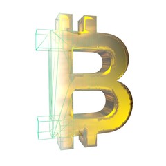 Bitcoin sign, green grid goes to gold on a white background. 3D illustration