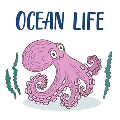 Cute octopus illustration with seaweeds around.