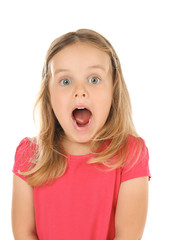 Surprised little girl on white background