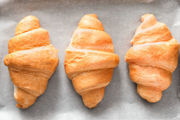 Tasty croissants on baking tray