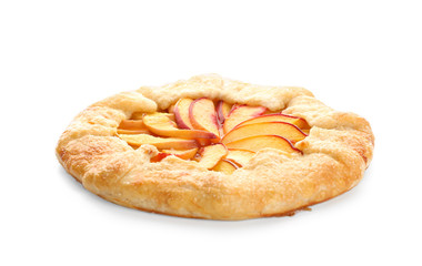 Delicious peach galette on white background
