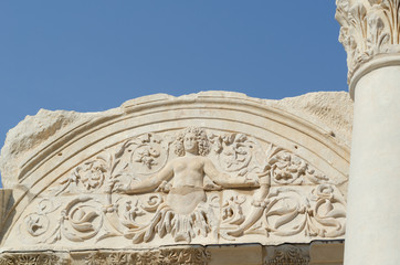 EPHESUS, TURKEY: Marble reliefs in Ephesus historical ancient city, in Selcuk,Izmir,Turkey.