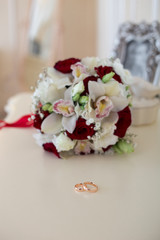 wedding bridal bouquet and wedding rings