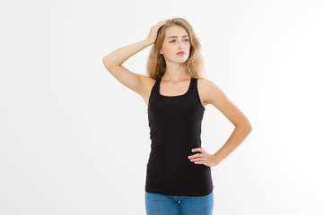 Fototapeta premium Blank template summer black t shirt. Blonde young woman in tshirt front view isolated on white background. Copy space and mock up. Skin and armpit care.