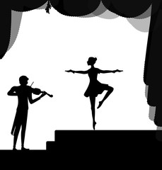 melody for dancing, balerina dancing on the stage and violinist playing, © fona