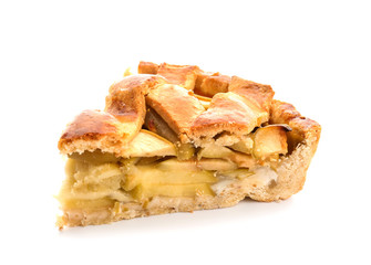 Piece of delicious apple pie on white background