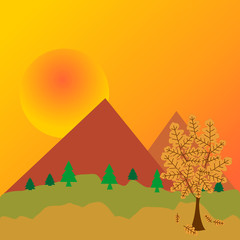 Flat vector landscape Illustration in autumn. Vector background with mountains and trees.