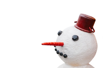Close-up of a snowman isolated on white background.