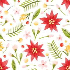 Floral seamless pattern with gorgeous blooming flowers, inflorescences and leaves on white background. Botanical vector illustration in modern flat style for wrapping paper, textile print, backdrop.