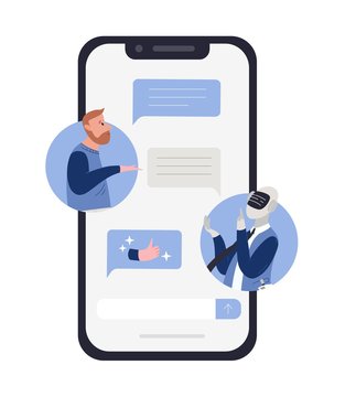 Bearded Man Talking To Robot Or Android And Chat Messages On Smartphone Screen. Concept Of Chatbot Conversation, Technical Support Service. Colorful Vector Illustration In Flat Cartoon Style.