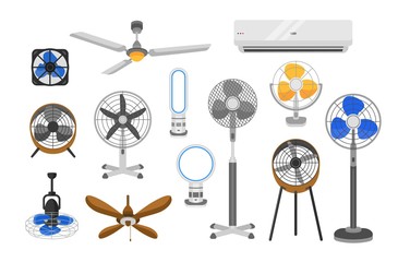 Fototapeta Collection of electric fans of various types isolated on white background. Bundle of household devices for air cooling and conditioning, climate control. Vector illustration in flat cartoon style. obraz