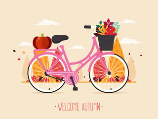 Welcome Autumn. Pink Bicycle with Autumn Leaves in Basket with Park in the Background. Flat Design Style. 