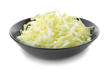 Plate with cut cabbage on white background