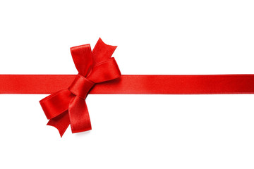 Red ribbon with bow on white background