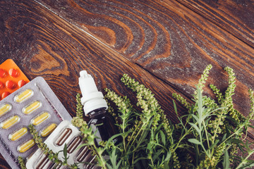 Fototapeta premium Ambrosia artemisiifolia allergy. Pills and nasal spray to cure ragweed allergy. Healthcare and medicine