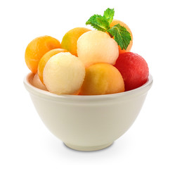 Bowl with tasty melon dessert on white background