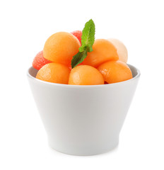 Bowl with tasty melon dessert on white background
