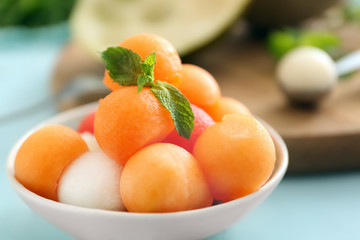 Bowl with tasty melon dessert, closeup