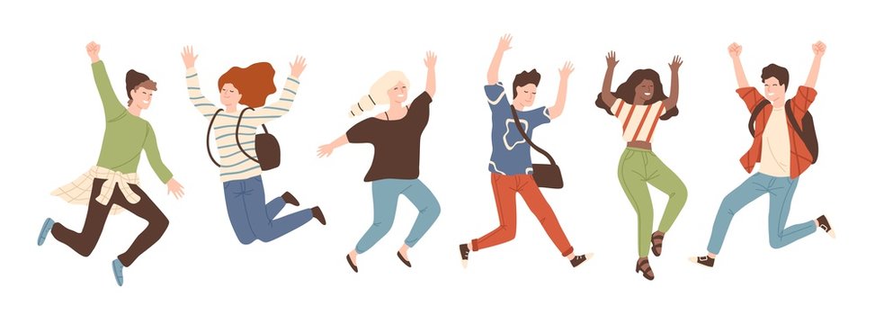 Group Of Young Joyful Laughing People Jumping With Raised Hands Isolated On White Background. Happy Positive Young Men And Women Rejoicing Together. Colored Vector Illustration In Flat Cartoon Style.