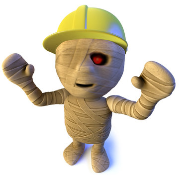 3d Funny cartoon Halloween Egyptian mummy character wearing a construction safety hard hat
