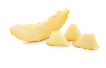 Pieces of ripe melon on white background