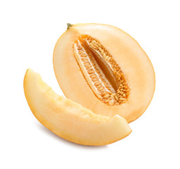 Sliced ripe melon on white background