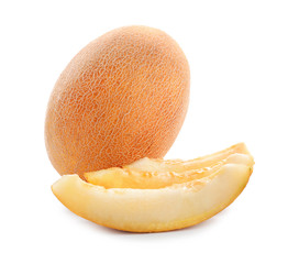 Ripe melons with slices on white background