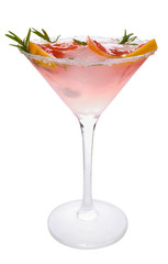 Fresh grapefruit cocktail with rosemary in glass on white background