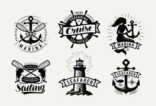 Sailing, cruise logo or label. Marine concept set of emblems. Typographic design vector