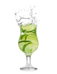 Glass of fresh mojito with splashes on white background