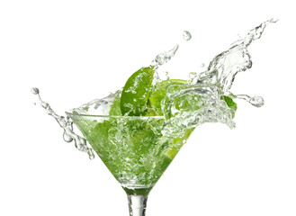 Glass of fresh mojito with splashes on white background