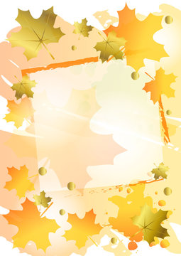 Decorative autumn background in orange decorated with golden and orange maple leaves and frame for photo, decoration, sheet of book or notebook,cover, lettering,scrapbooking,greeting card, start image