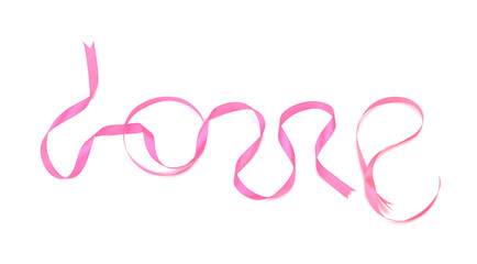 Word LOVE made of pink ribbons on white background