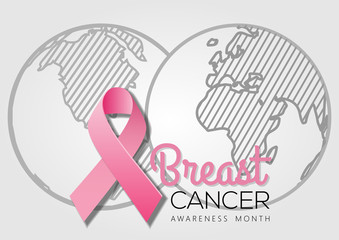 Obraz premium Breast Cancer Awareness Month poster or banner design with realistic pink ribbon. Vector illustration