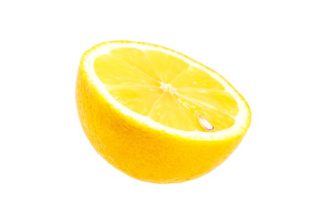 Half of yellow fresh lemon with seed, isolated on white background. Tropical citrus fruit. Tasty and healthy food