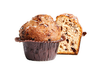 Half and whole muffin with chips of chocolate and powdered sugar, isolated on white background. Selective focus