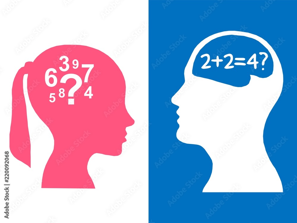 Wall mural heads of two people, woman and man, brainstorming concept math question,