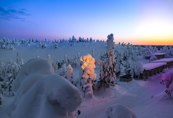 Fantastic winter sunrise in mountains with snow covered fir trees. Mystical outdoor scene, Happy New Year celebration concept. Finland europe
