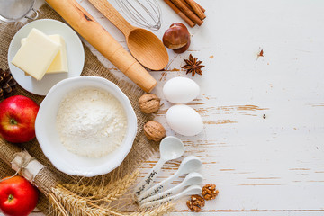Ingredients for baking - milk, butter, eggs, flour, wheat